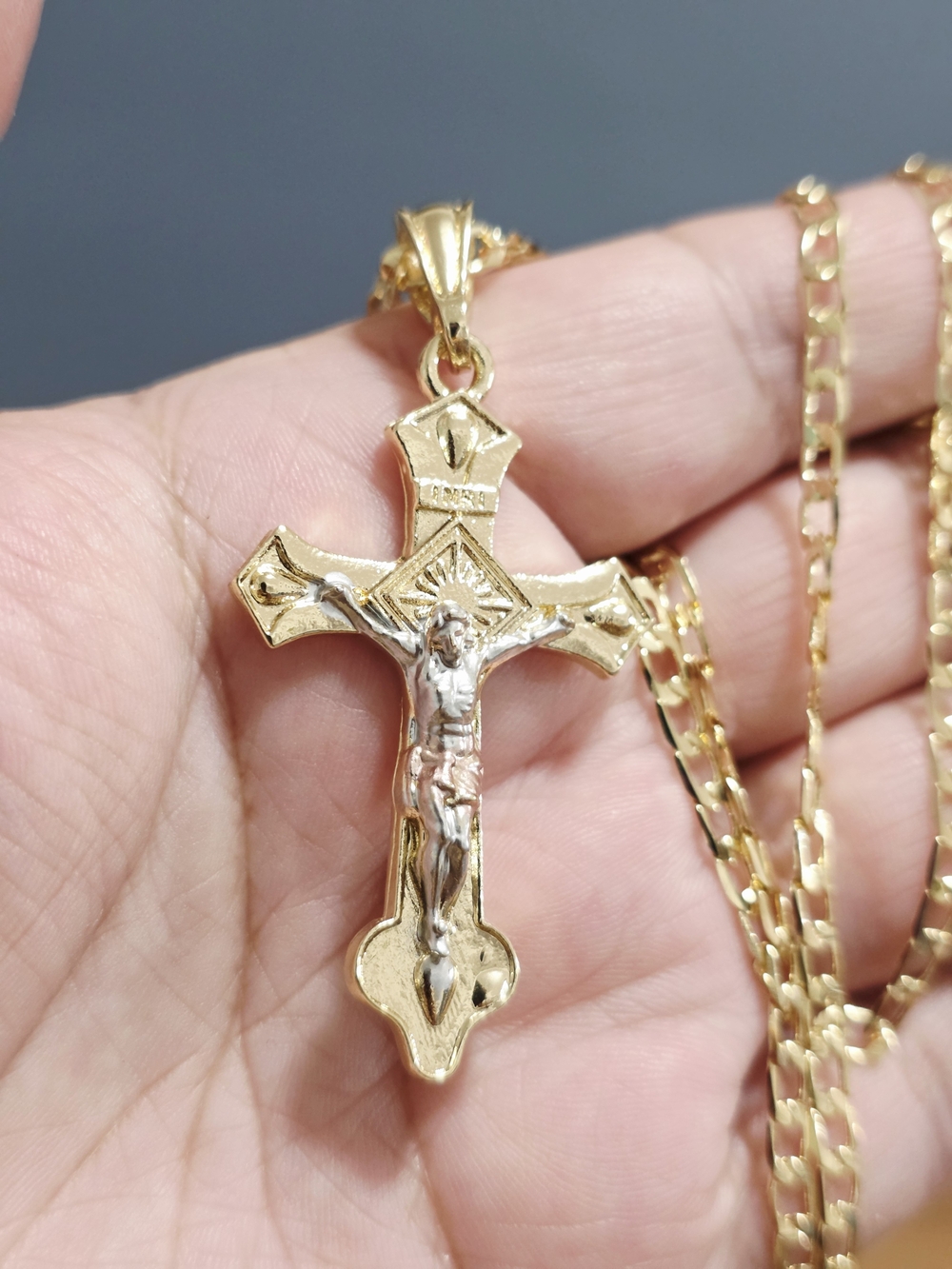 Two-Tone Gold Crucifix Pendant Necklace for Men - Gold and Silver Accent